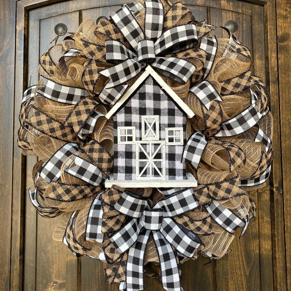 Farmhouse Wreath, Barn Wreath, Buffalo Plaid Wreath